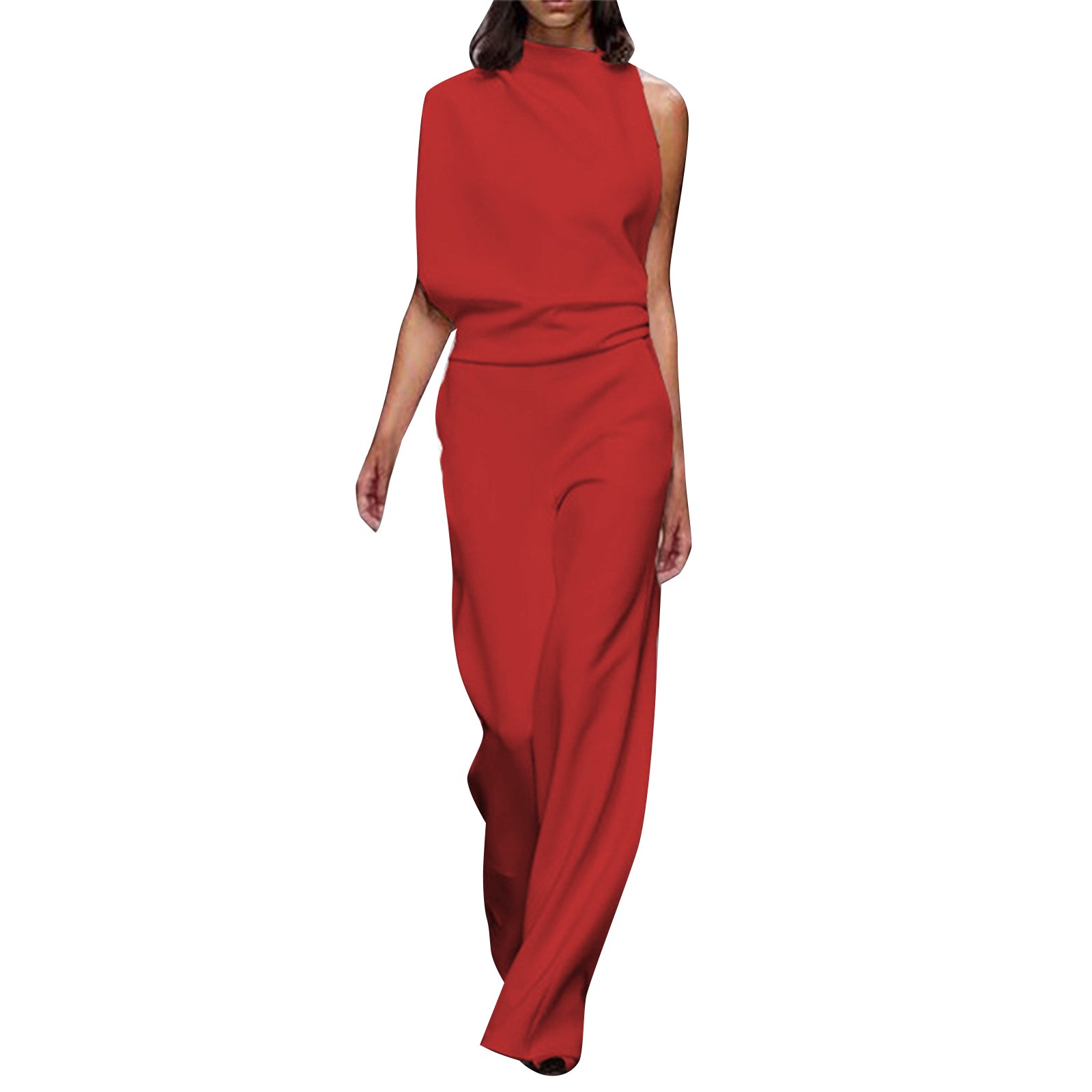 thumbnail image 2 of Mono de mujer de color liso con pantalón recto - Poliéster y spandex, tirantes finos, pierna ancha, diseño holgado informal., 2 of 4